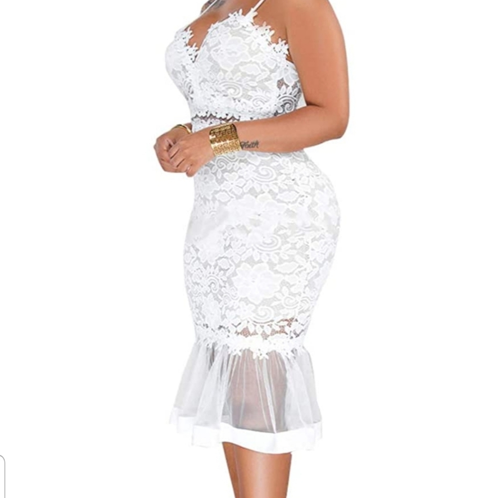Womens Sexy Sleeveless Deep V Neck Lace Mesh Paneled Ruffles Bodycon Party Dress